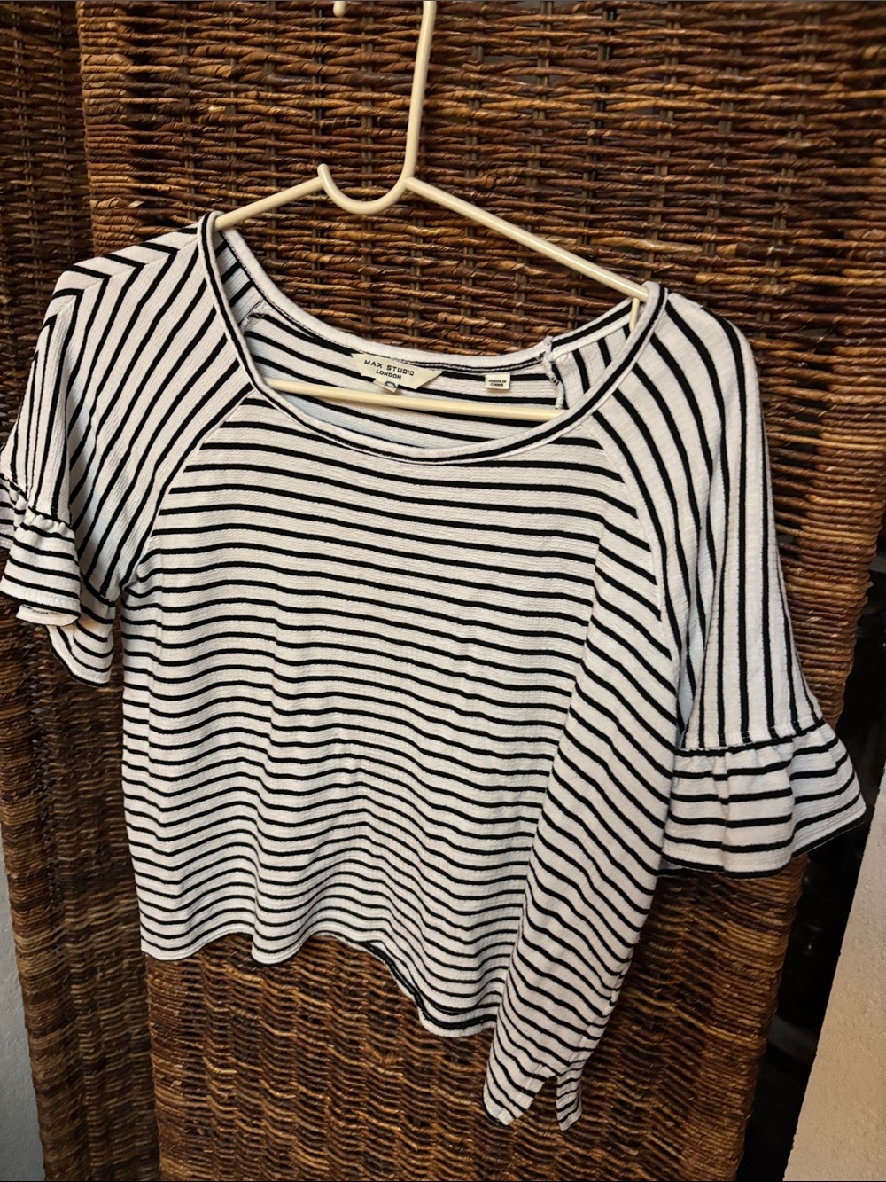 Max Studio Black and White Striped Ruffle-Sleeve Tee